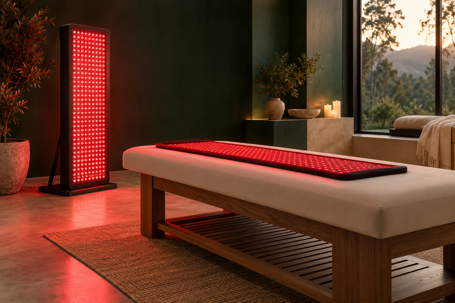 Editorial view of large red-light equipment in a wellness studio