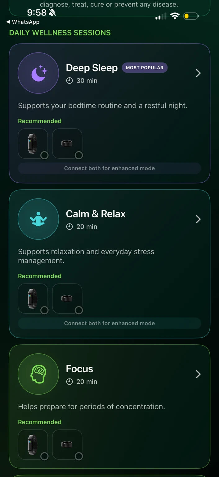 Captured app screen showing guided session choices and device connection prompts for the ring and band