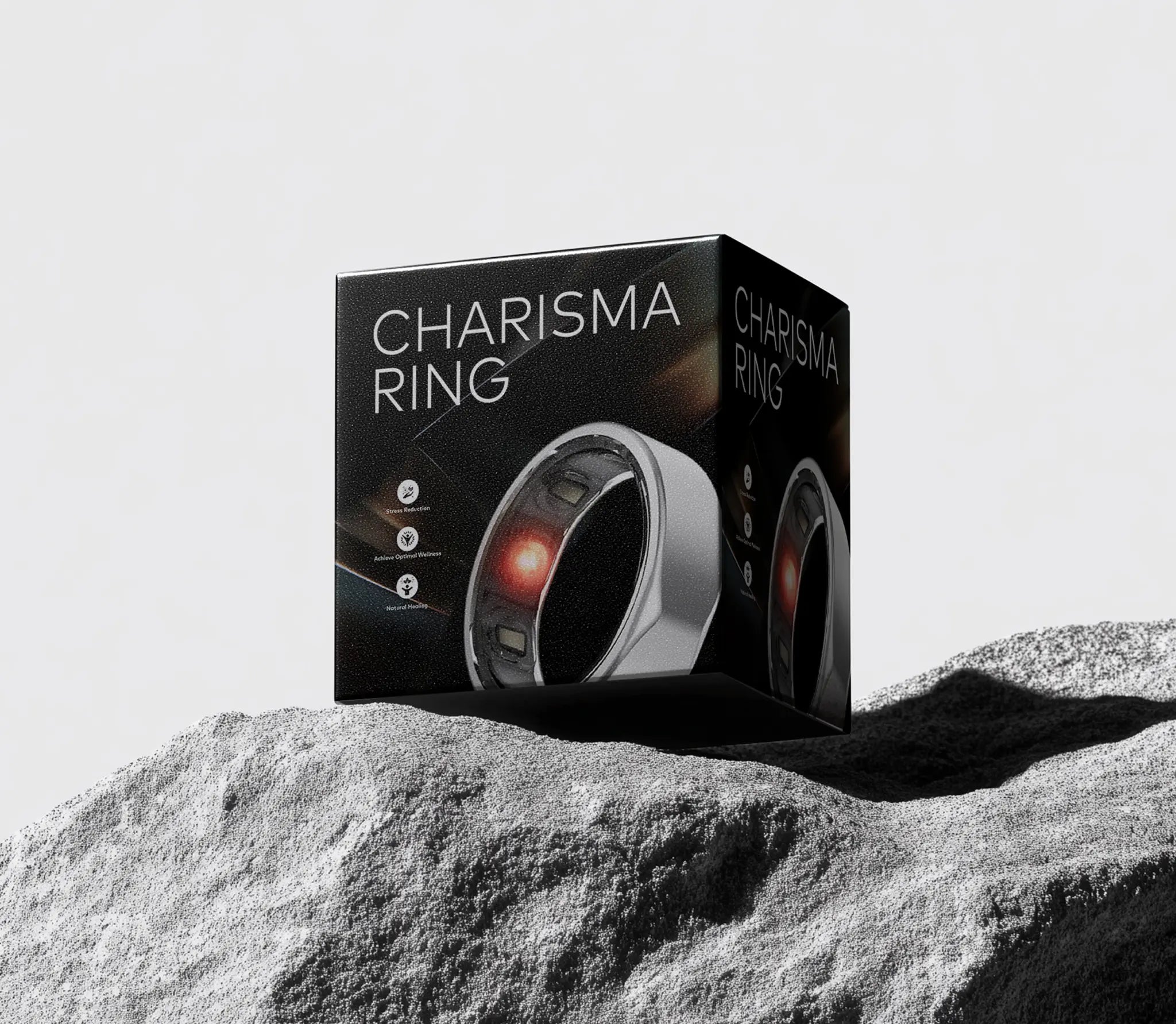Charisma Ring product box with a silver ring pictured on the packaging